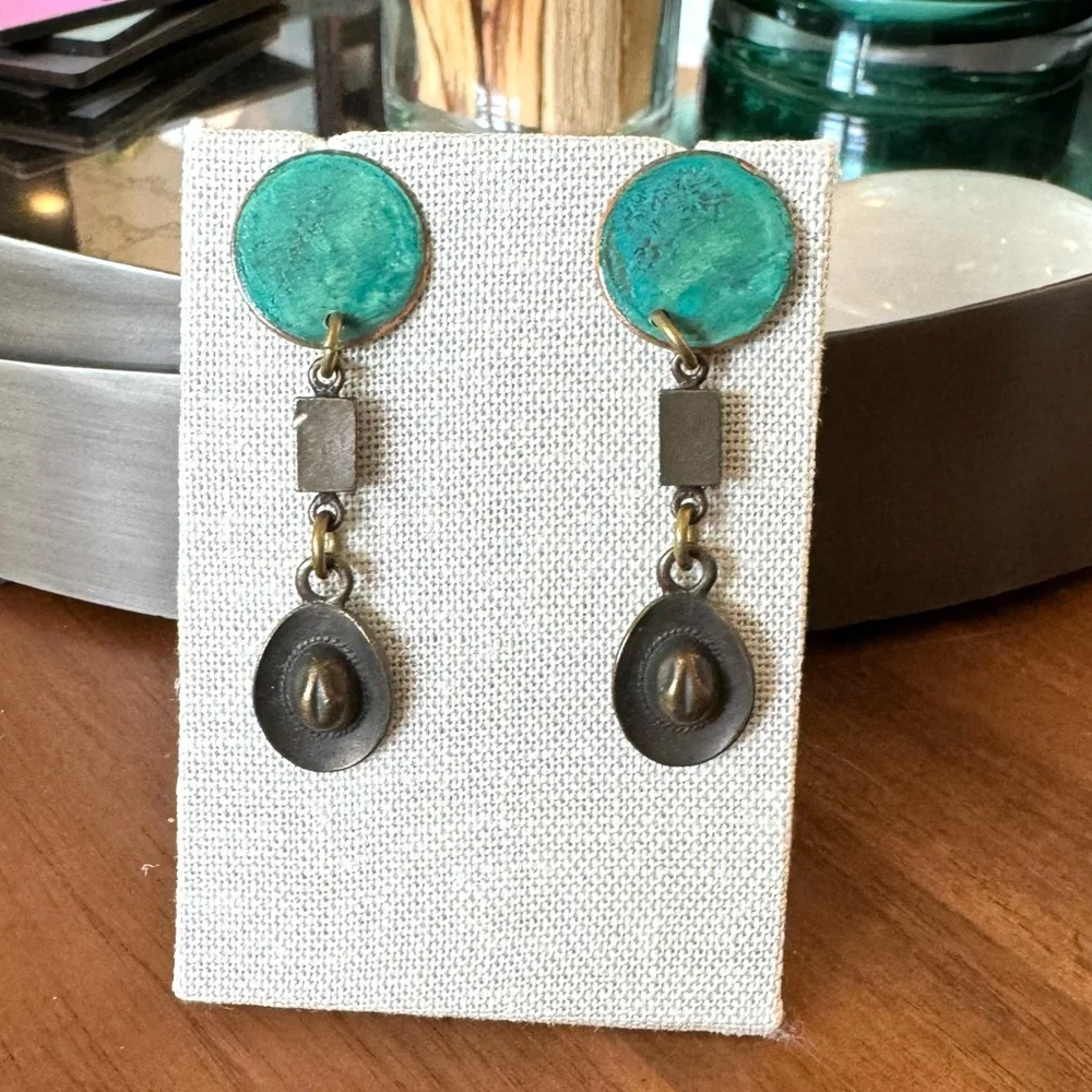 Artisan Copper and Brass Cowboy Hat Earrings